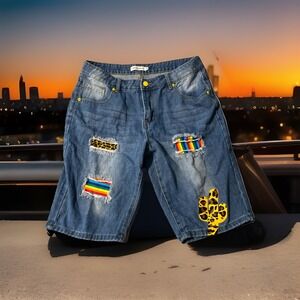 Misslook Rainbow Patch Bermuda Denim Shorts Blue Trendy Waist Flat 15"